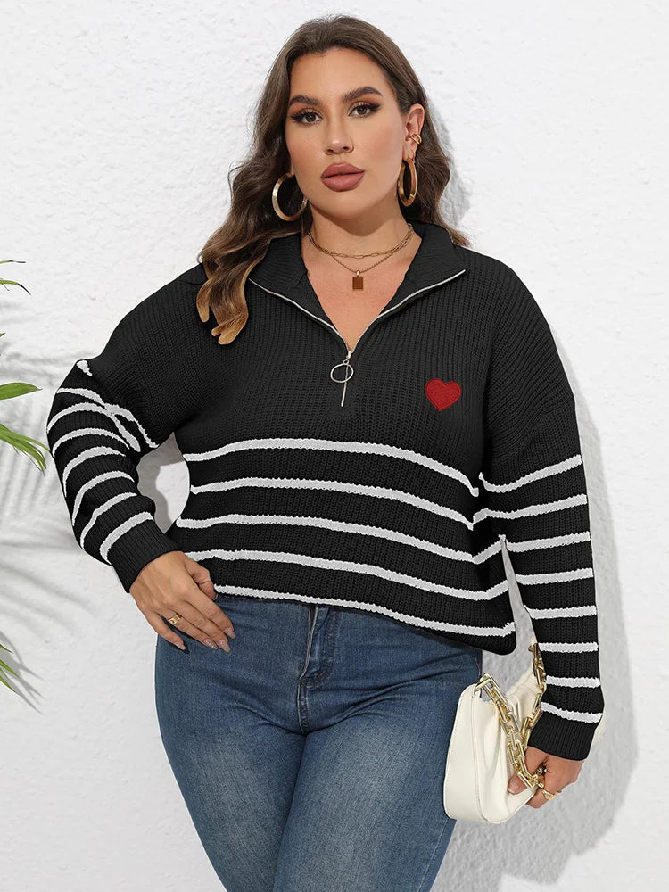 Heart-Appliqué Half-Zip Striped Sweater