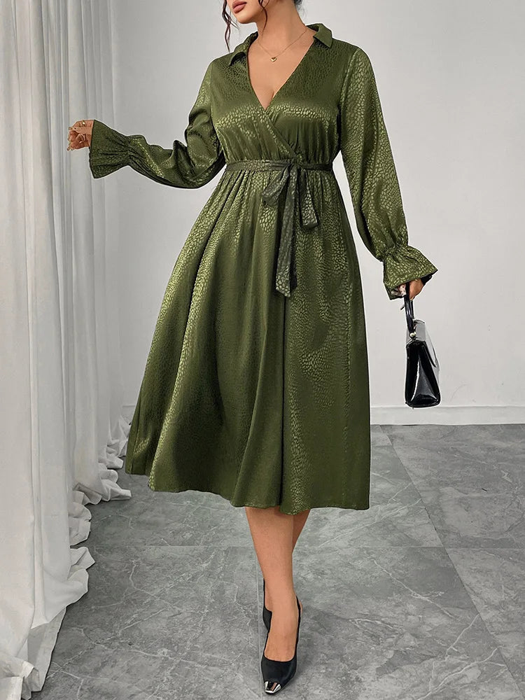Textured Wrap Belted Midi Dress