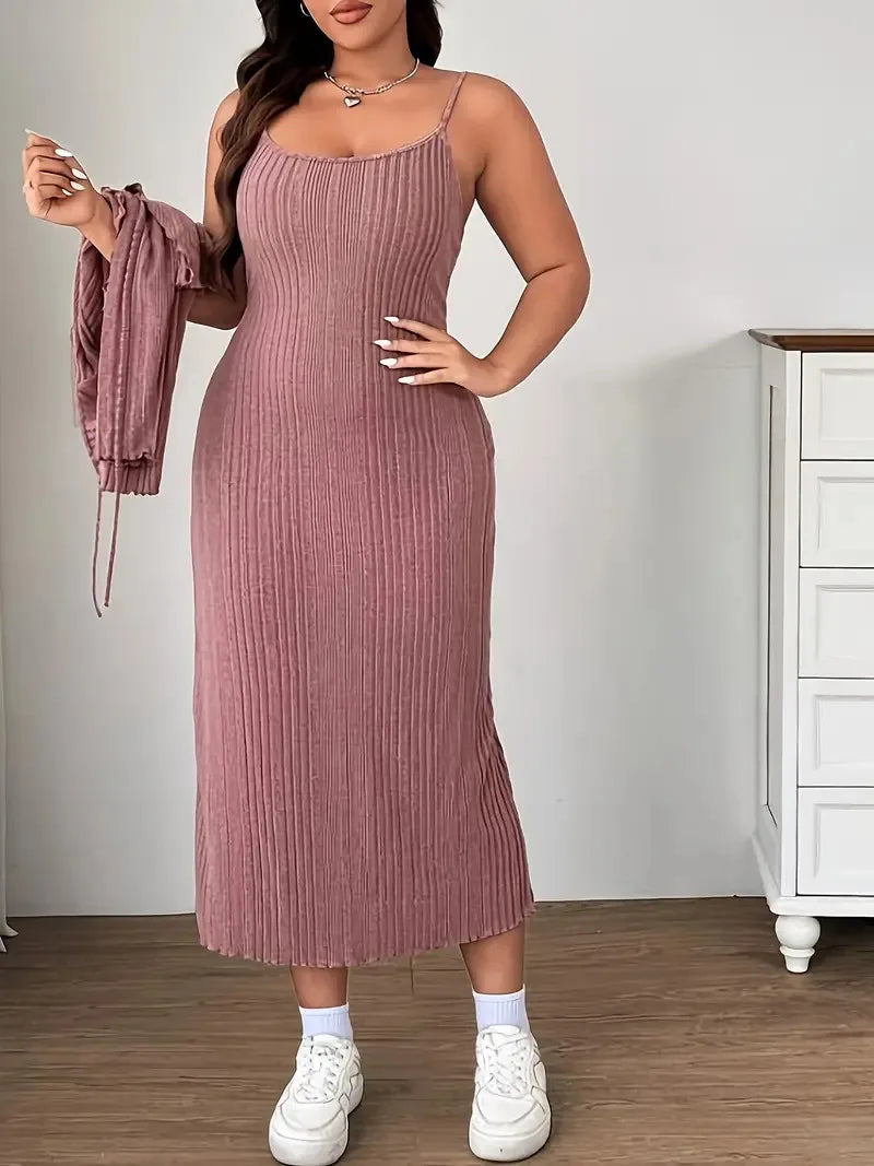 Ribbed Tie-Front Cardigan & Maxi Dress Set