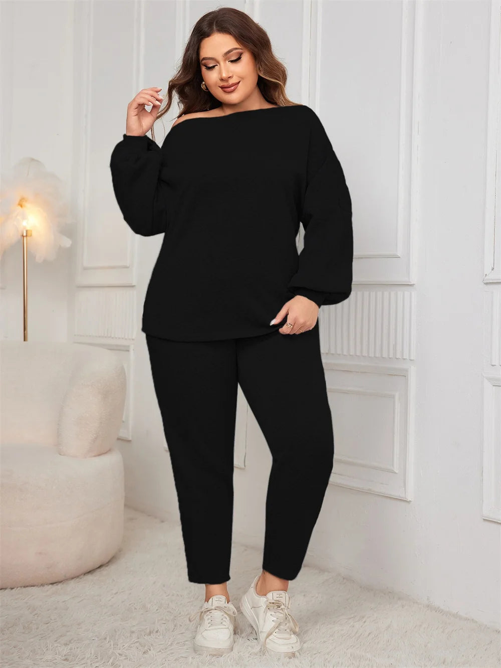 Off-Shoulder Sweatshirt & Tapered Pants Set