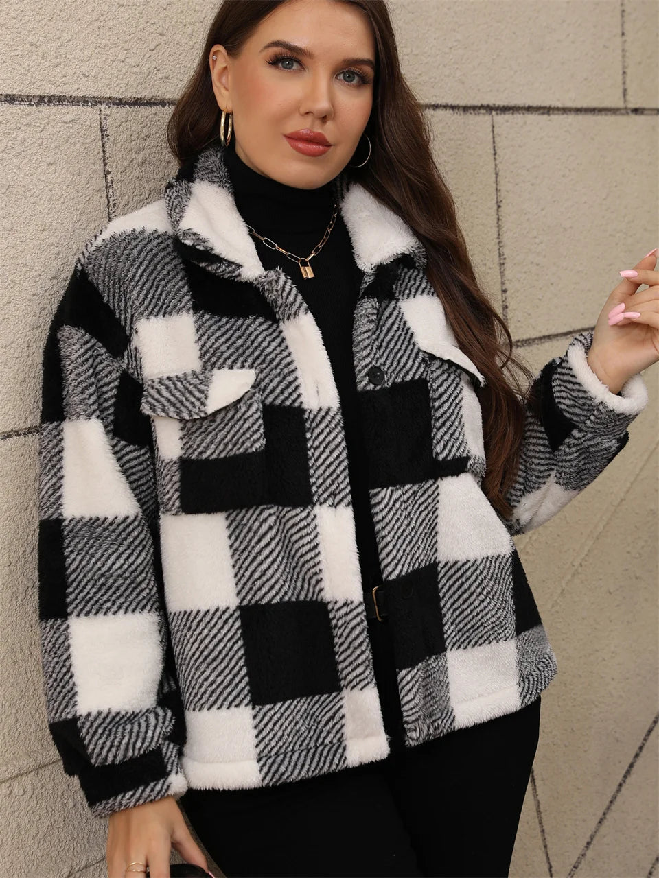 Fuzzy Plaid Button-Front Shirt Jacket