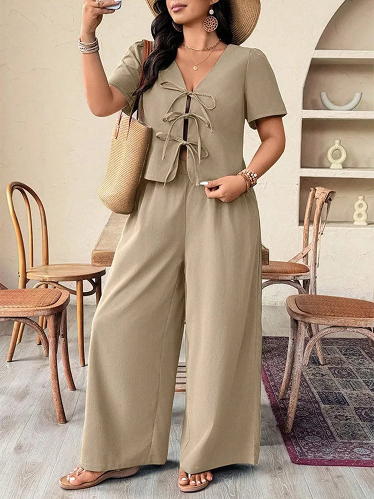 Tie-Front Top & Wide-Leg Pants Set