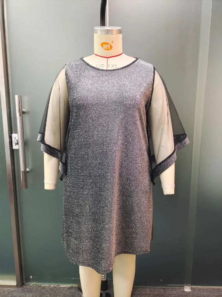 Glitter Mesh-Sleeve Mini Dress