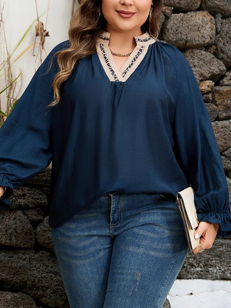 Contrast-Trim Split-Neck Blouse
