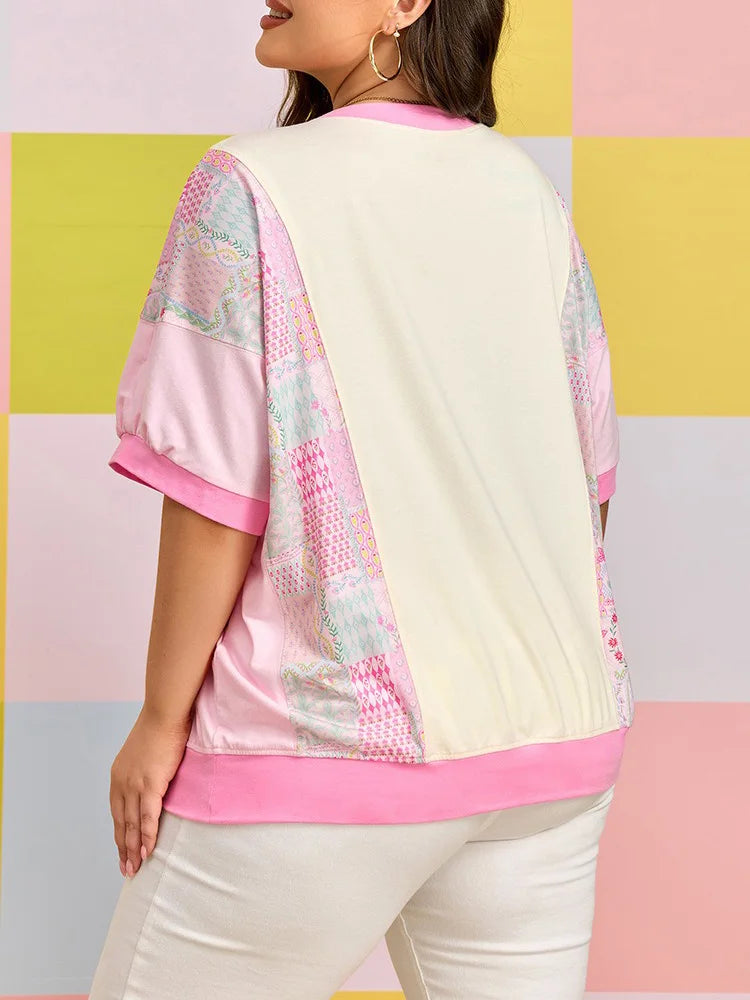 Patchwork Floral-Appliqué Puff-Sleeve Top