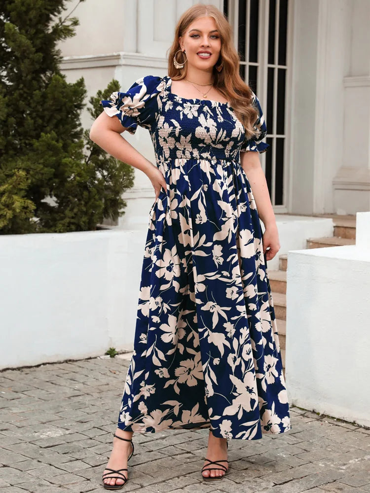 Floral Smocked-Bodice Green Maxi Dress