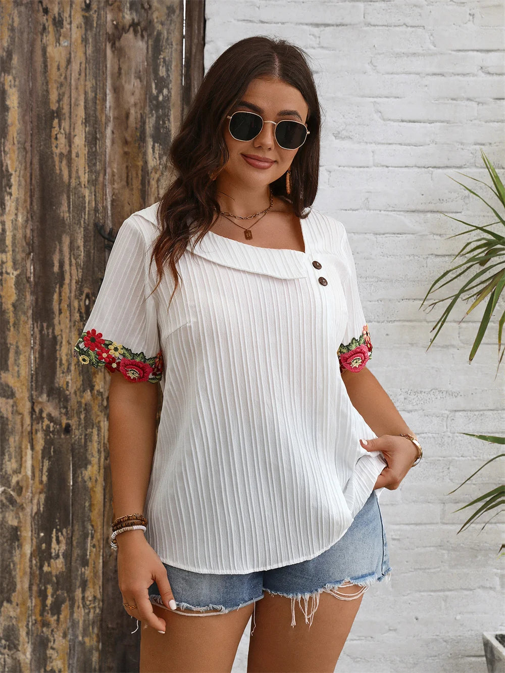 Embroidered-Cuff Square-Neck Blouse