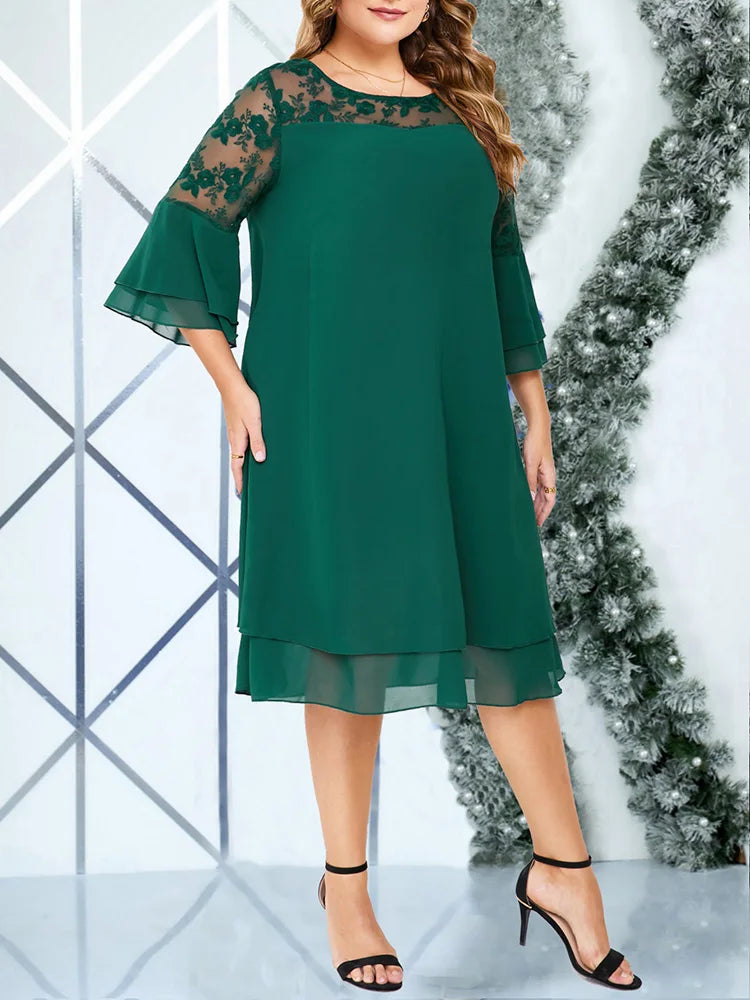 Lace-Yoke Layered Midi Dress