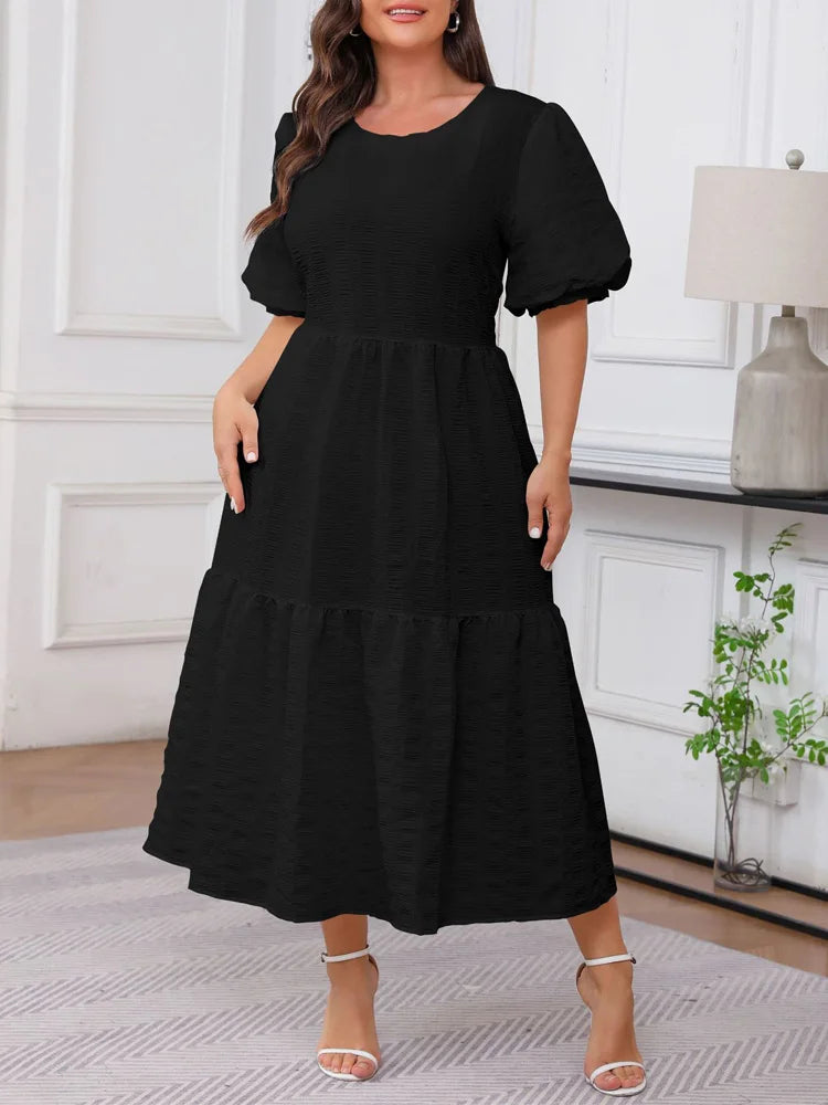 Textured Puff-Sleeve White Maxi Dress