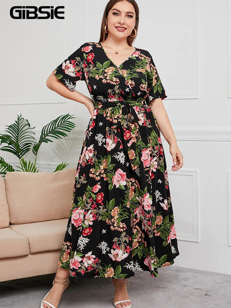 Floral Belted V-Neck Maxi Dress