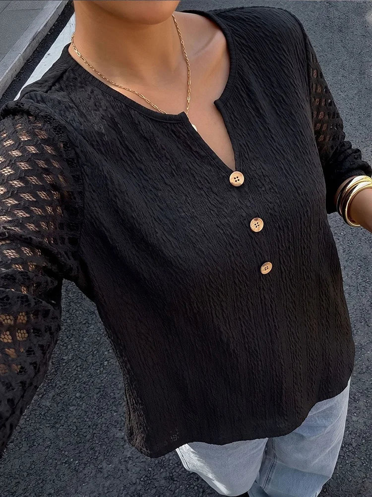 Openwork-Sleeve Button-Front Top