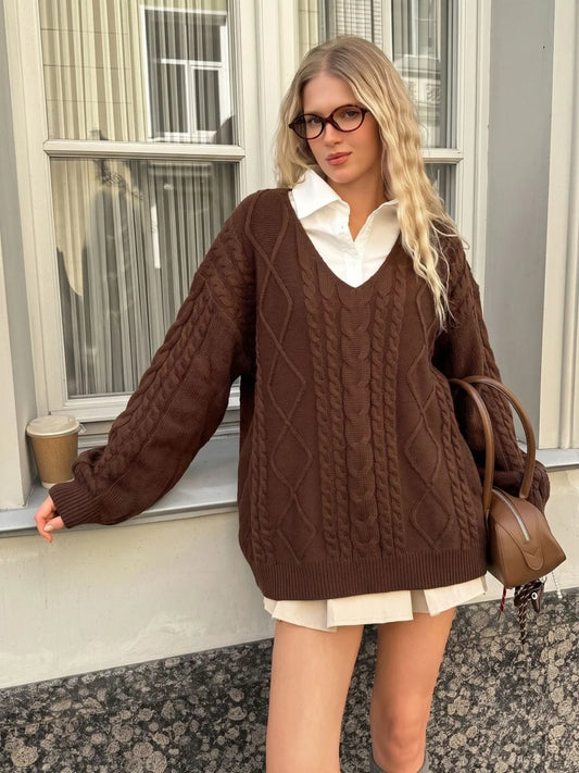 Cable-Knit V-Neck Layered Sweater