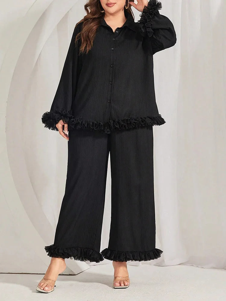 Ruffle-Trim Shirt & Wide-Leg Pants Set