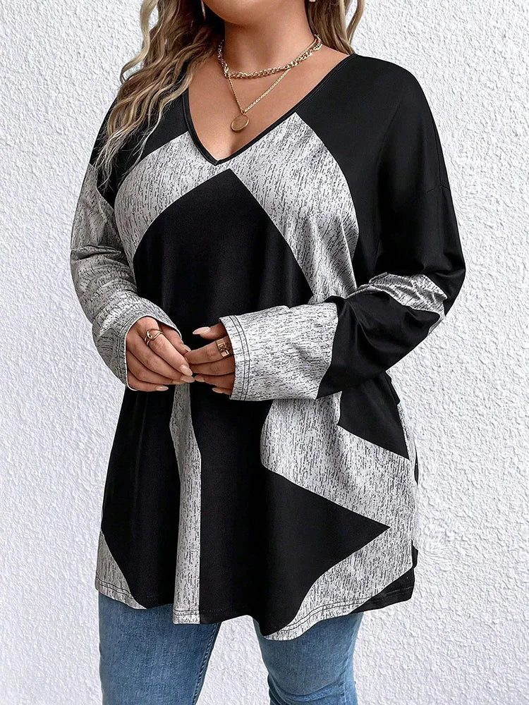 Geometric Colorblock V-Neck Tunic