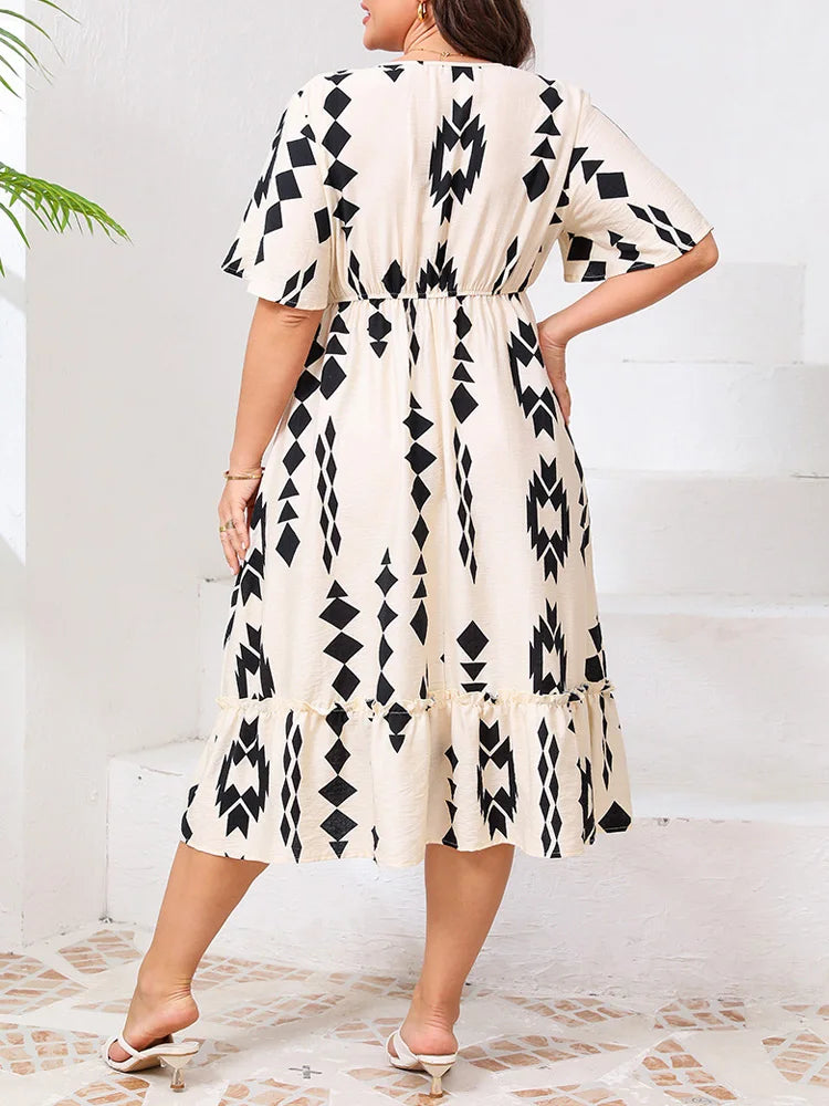 Geometric Flutter-Sleeve Midi Dress