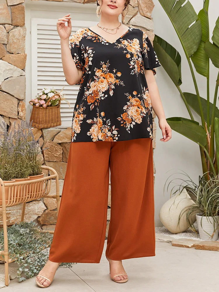 Floral V-Neck Top & Wide-Leg Pants Set