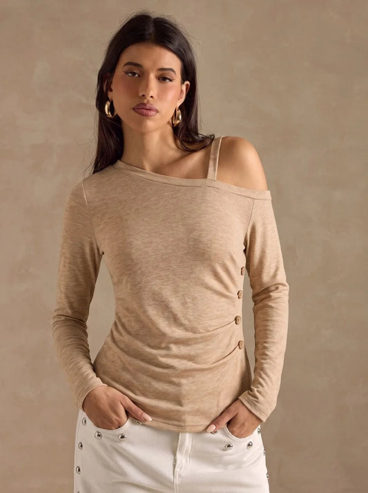 Asymmetric-Neck Side-Button Top