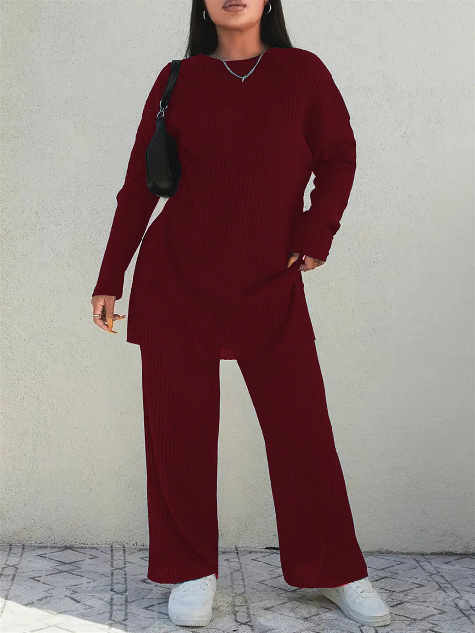 Ribbed Longline Top & Wide-Leg Pants Set