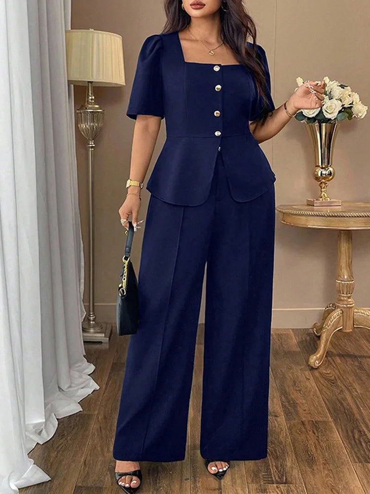 Square-Neck Button Peplum Top & Pants Set