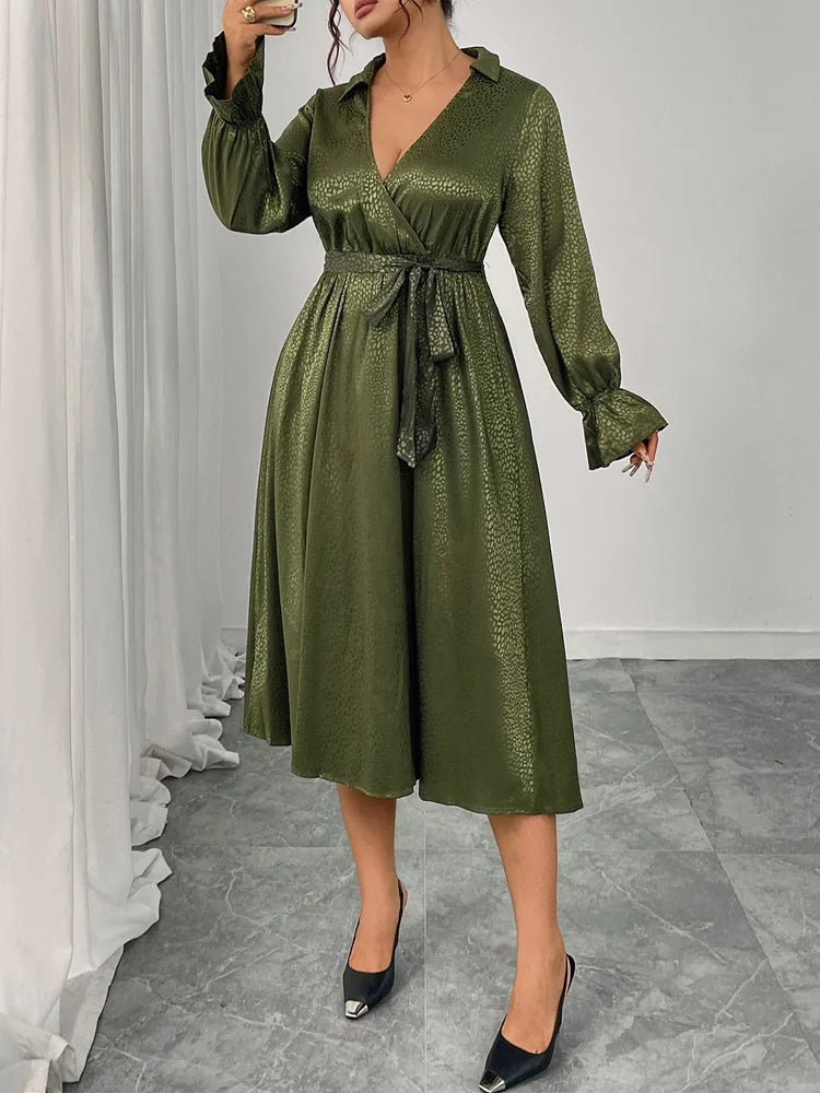 Textured Wrap Belted Midi Dress