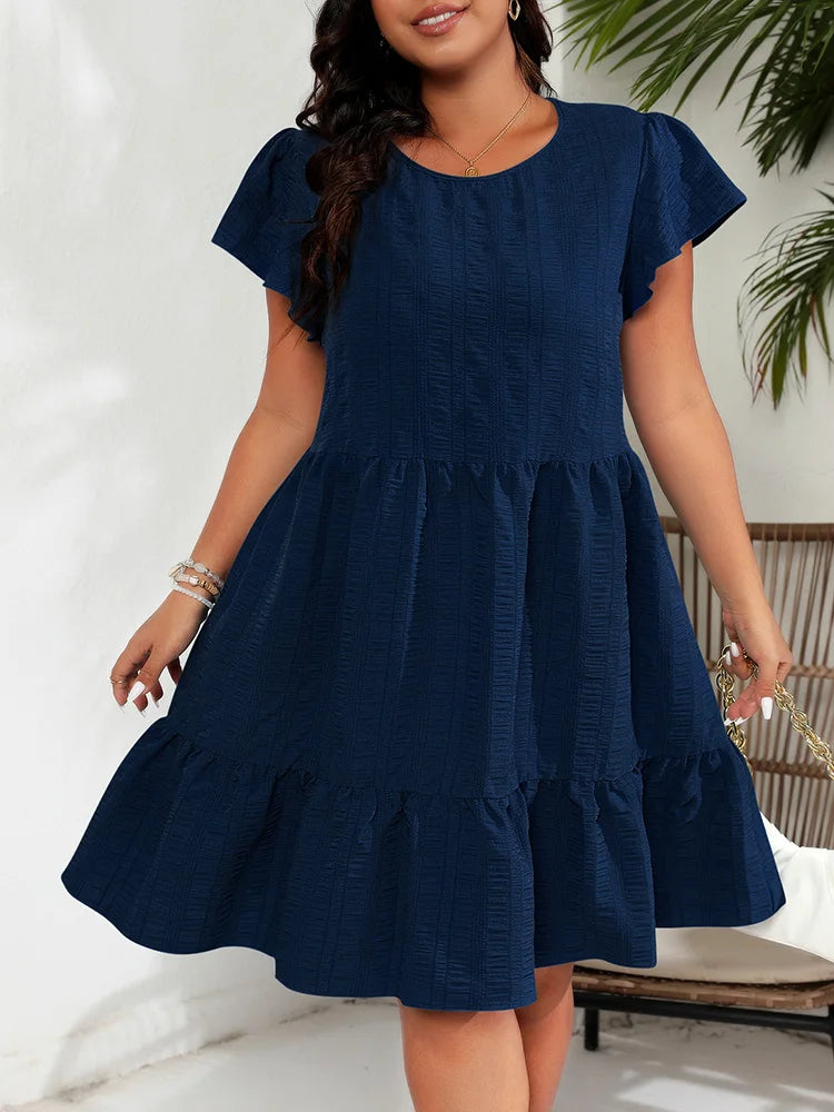 Textured Flutter-Sleeve Tiered Dress