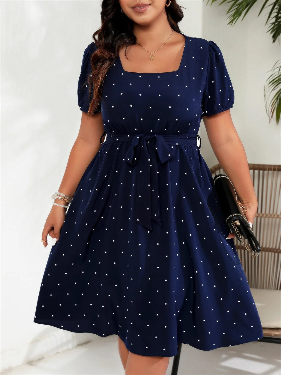 Polka-Dot Square-Neck Midi Dress