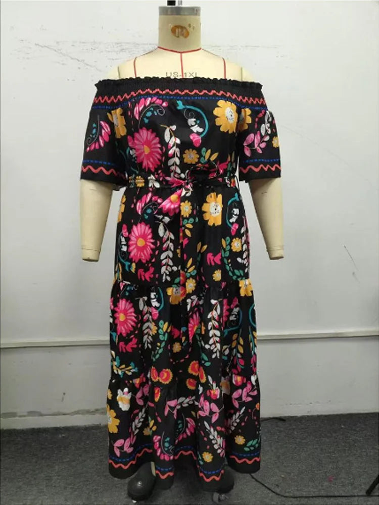 Folk-Floral Off-Shoulder Maxi Dress