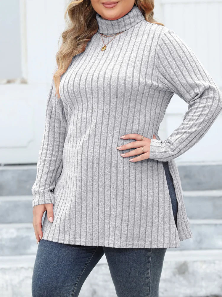 Ribbed Turtleneck Side-Slit Tunic