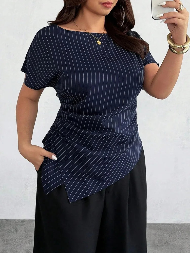 Pinstripe Asymmetric-Hem Blouse
