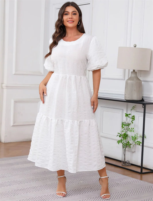 Textured Puff-Sleeve White Maxi Dress