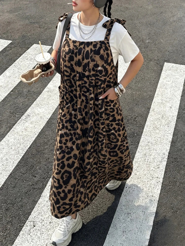 Leopard Pocketed Pinafore Maxi Dress