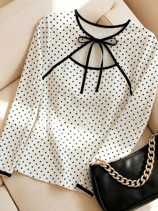 Polka-Dot Bow-Keyhole Blouse