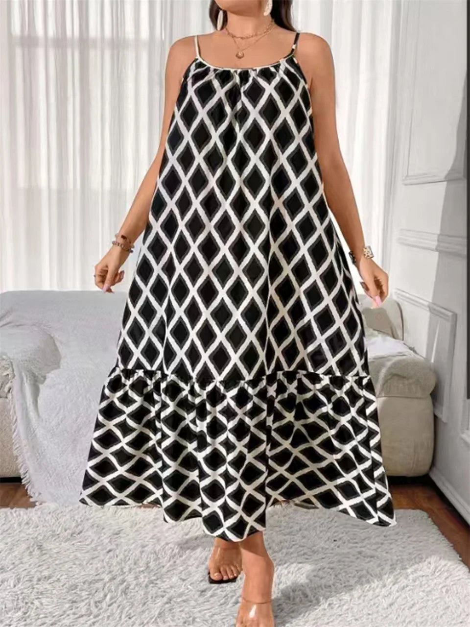 Geometric Tiered Cami Maxi Dress