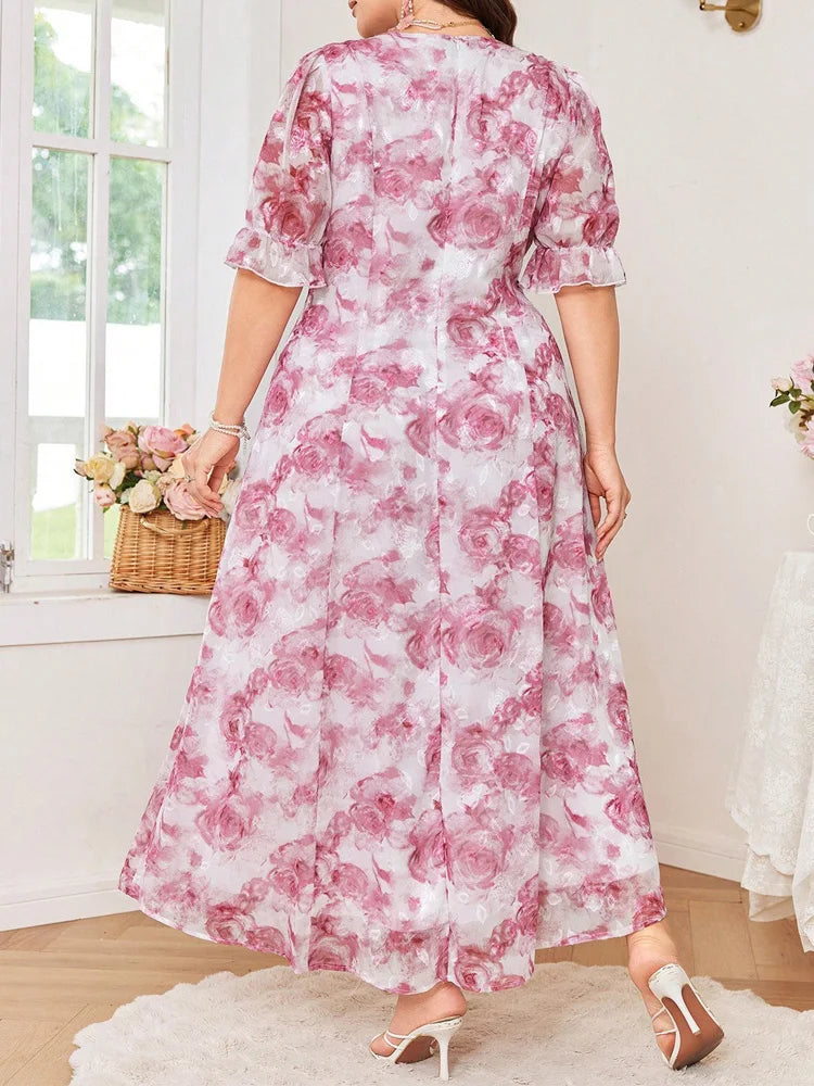 Rose-Print Puff-Sleeve Maxi Dress