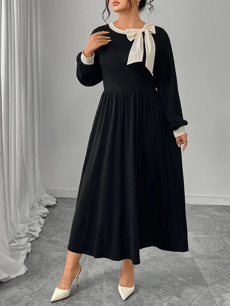 Bow-Neck Contrast Maxi Dress