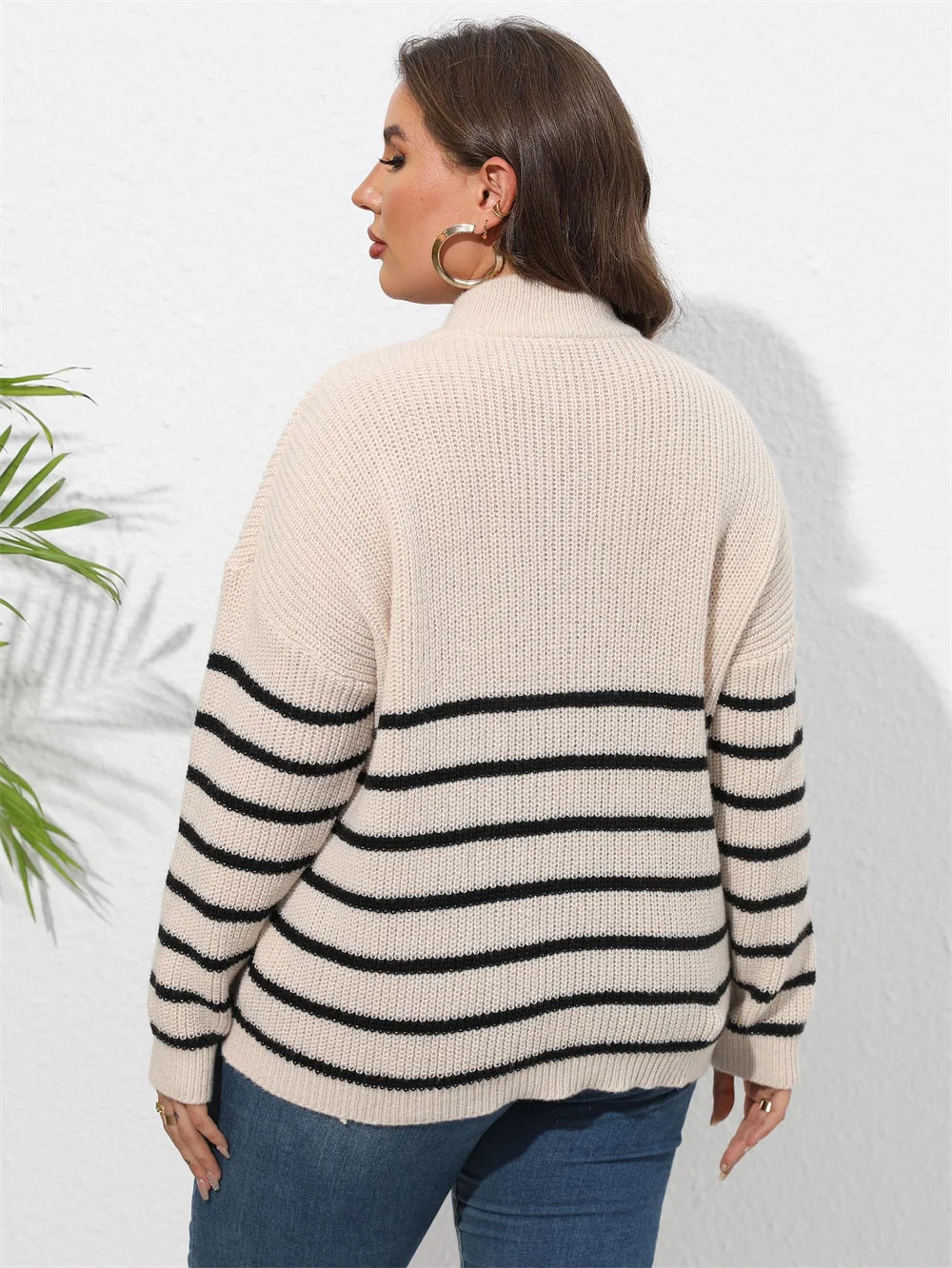 Heart-Appliqué Half-Zip Striped Sweater