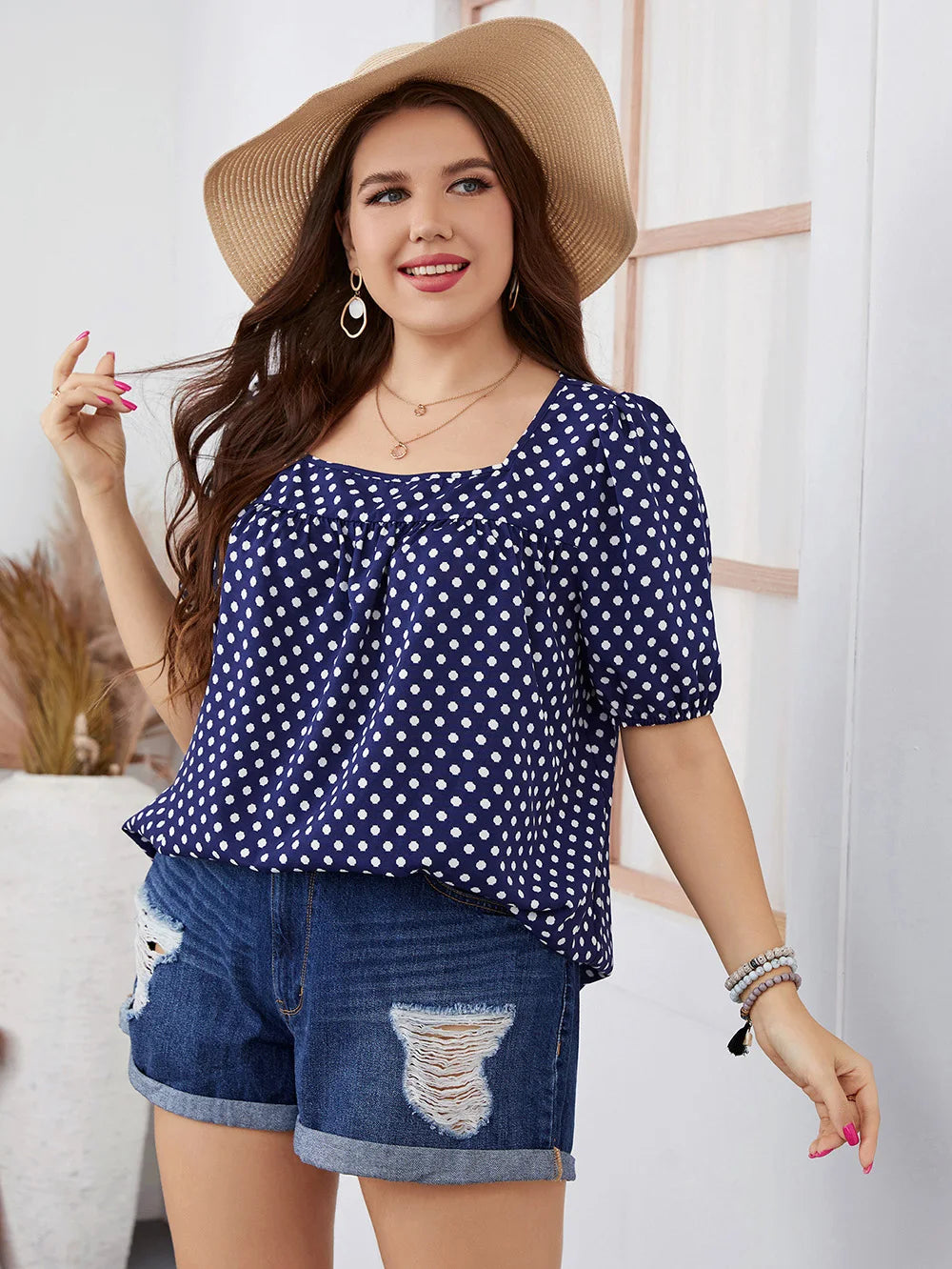 Polka-Dot Square-Neck Puff-Sleeve Blouse