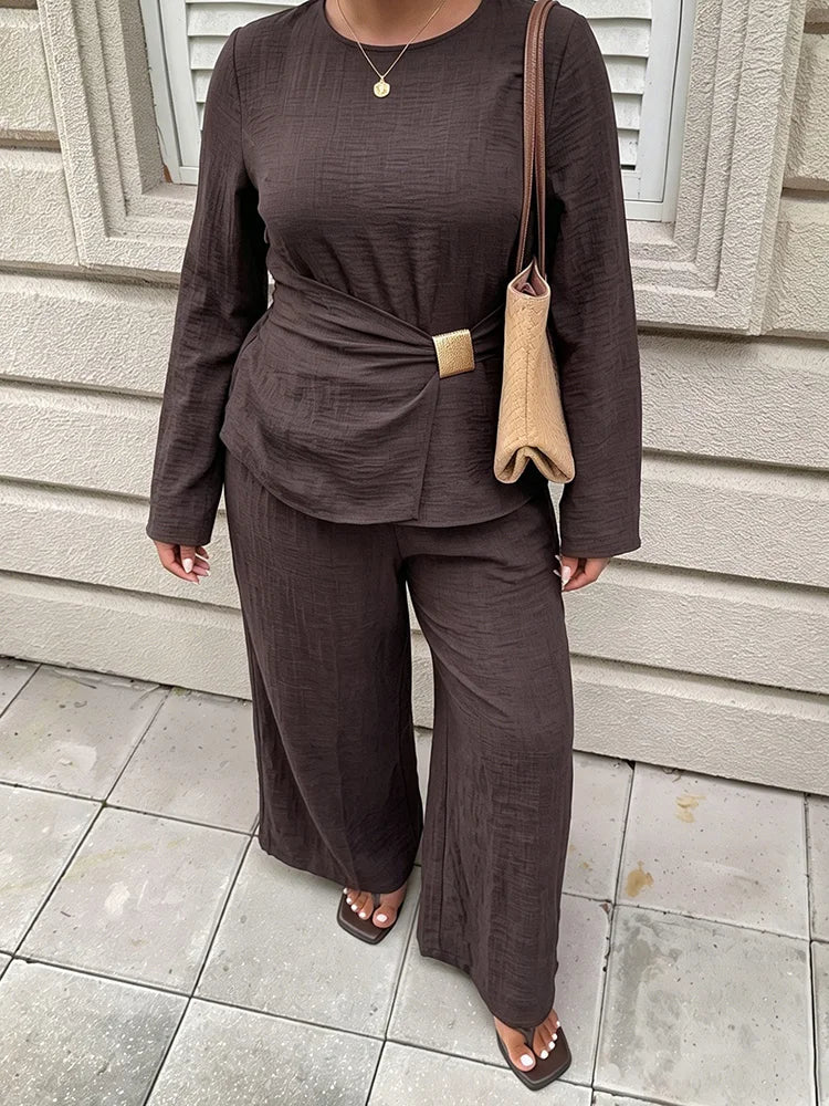 Textured Buckle-Wrap Top & Wide-Leg Pants Set