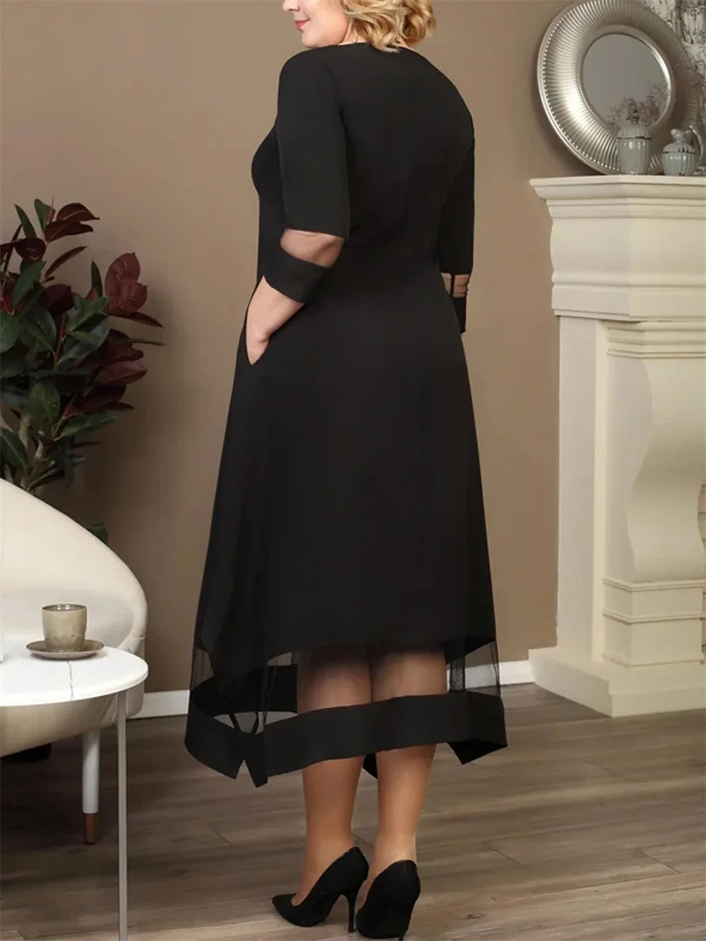 Mesh-Panel Asymmetric Midi Dress