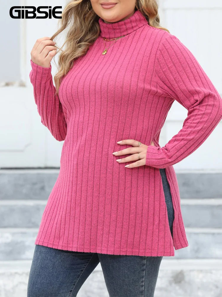 Ribbed Turtleneck Side-Slit Tunic