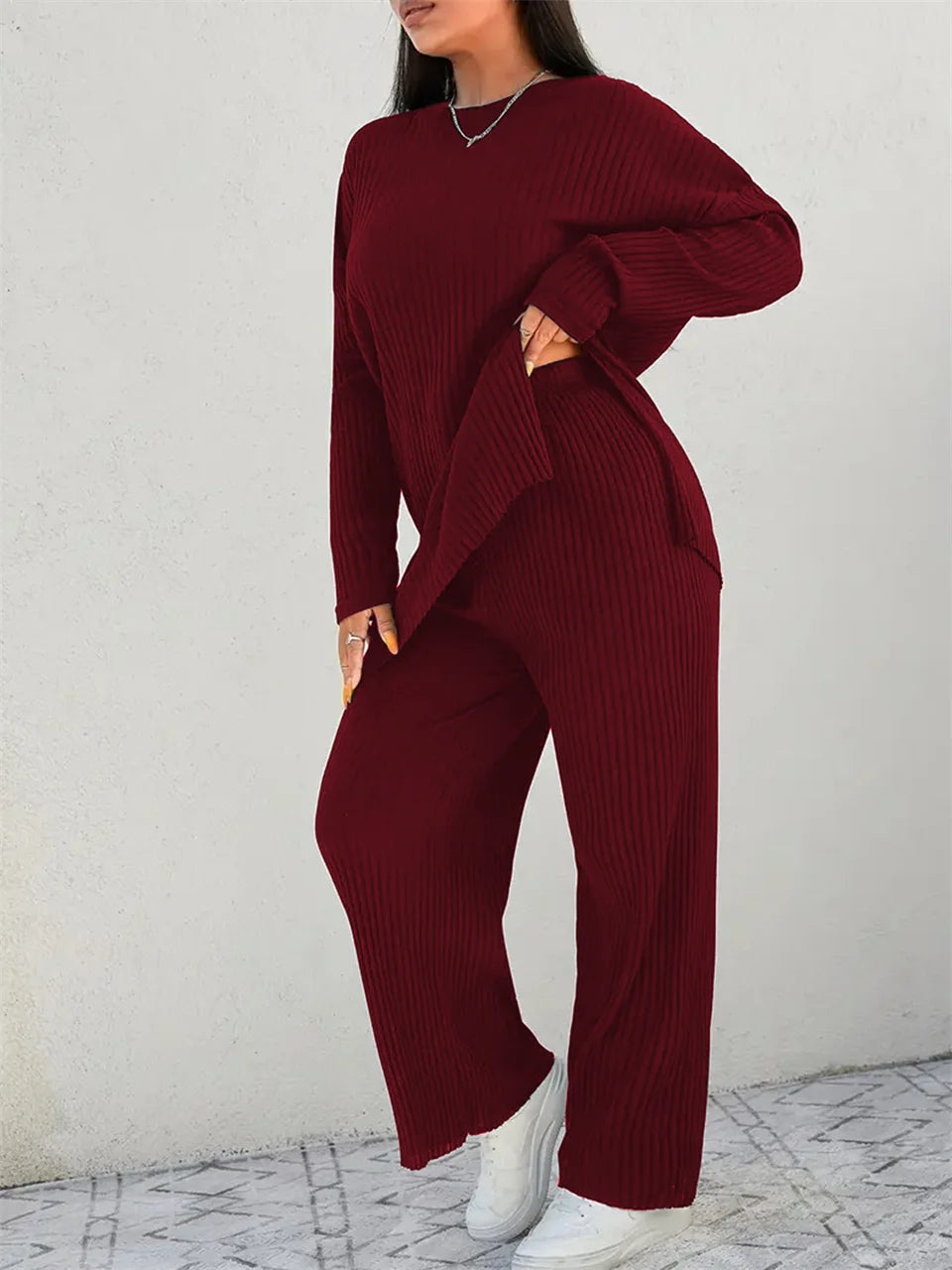 Ribbed Longline Top & Wide-Leg Pants Set