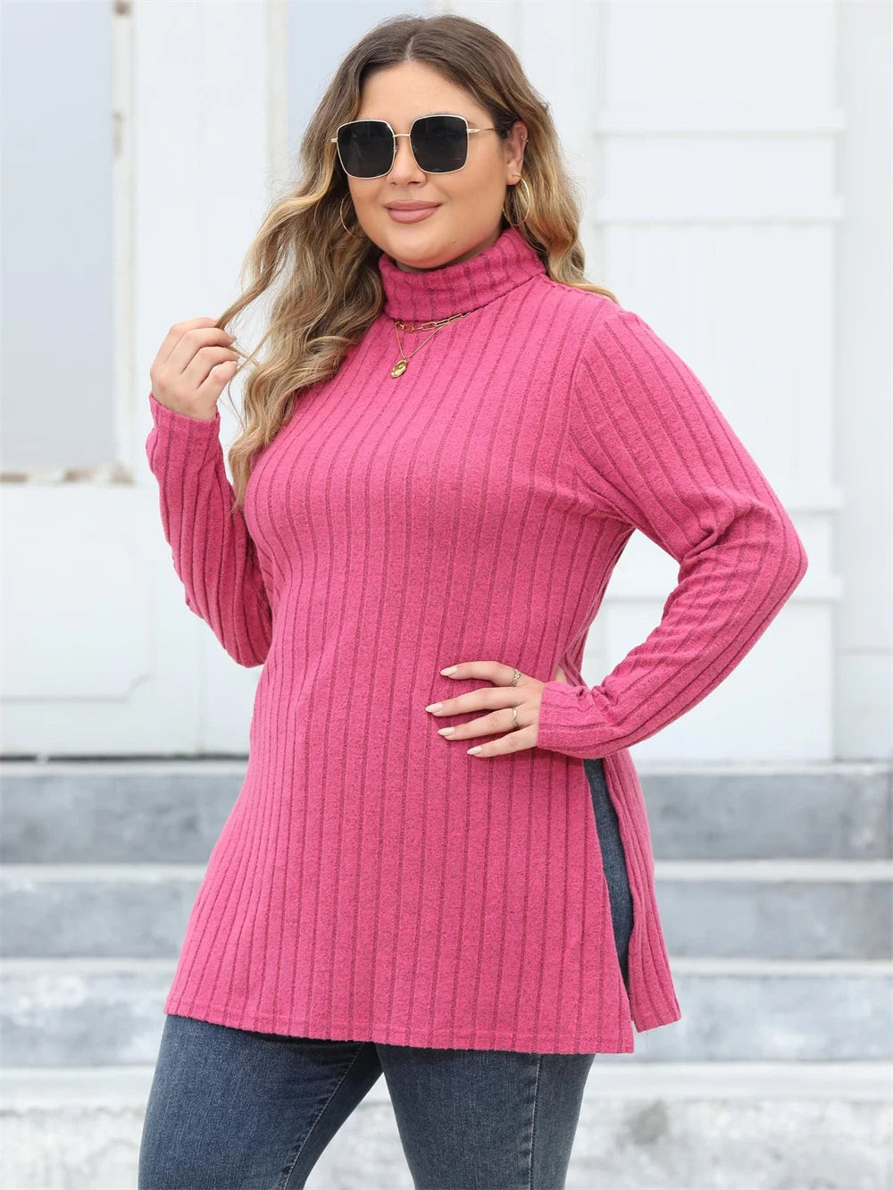 Ribbed Turtleneck Side-Slit Tunic