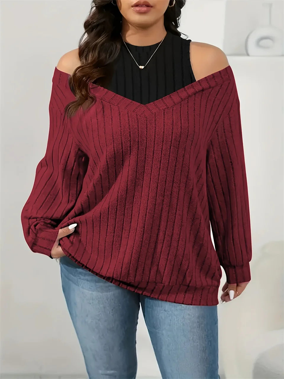 Layered Cold-Shoulder Ribbed Top