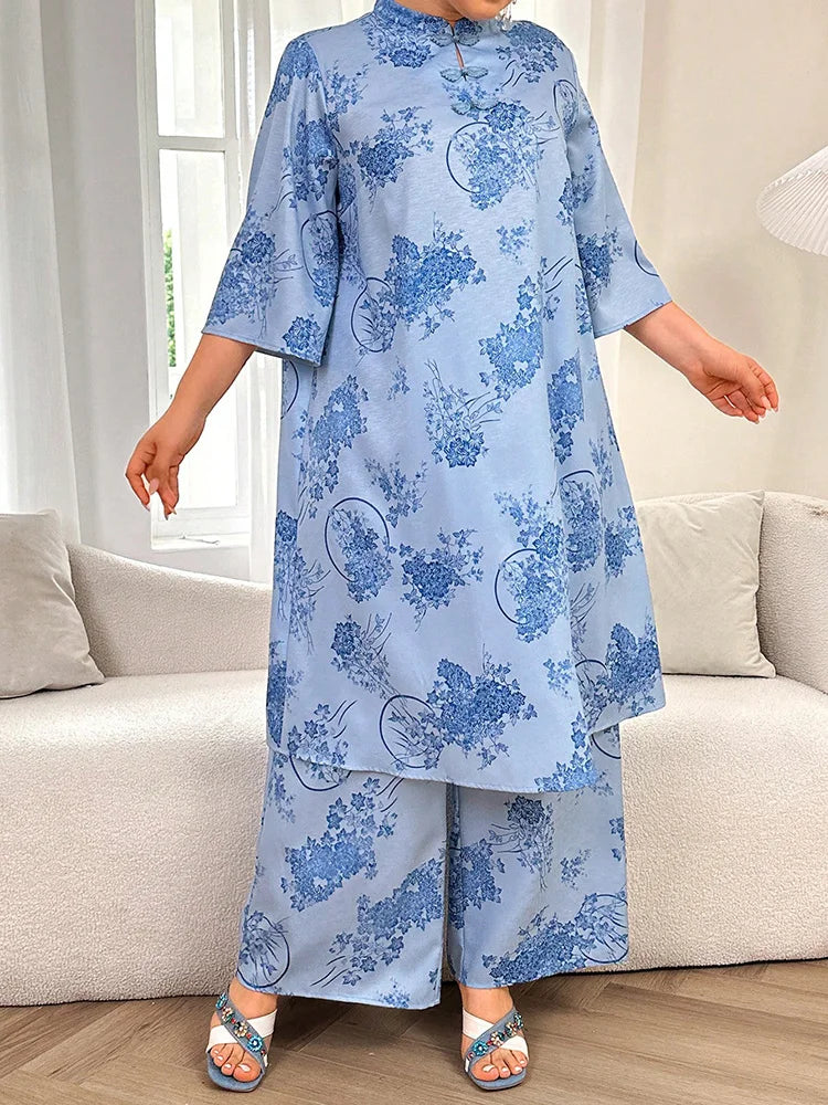 Floral Mandarin Tunic & Wide-Leg Pants Set