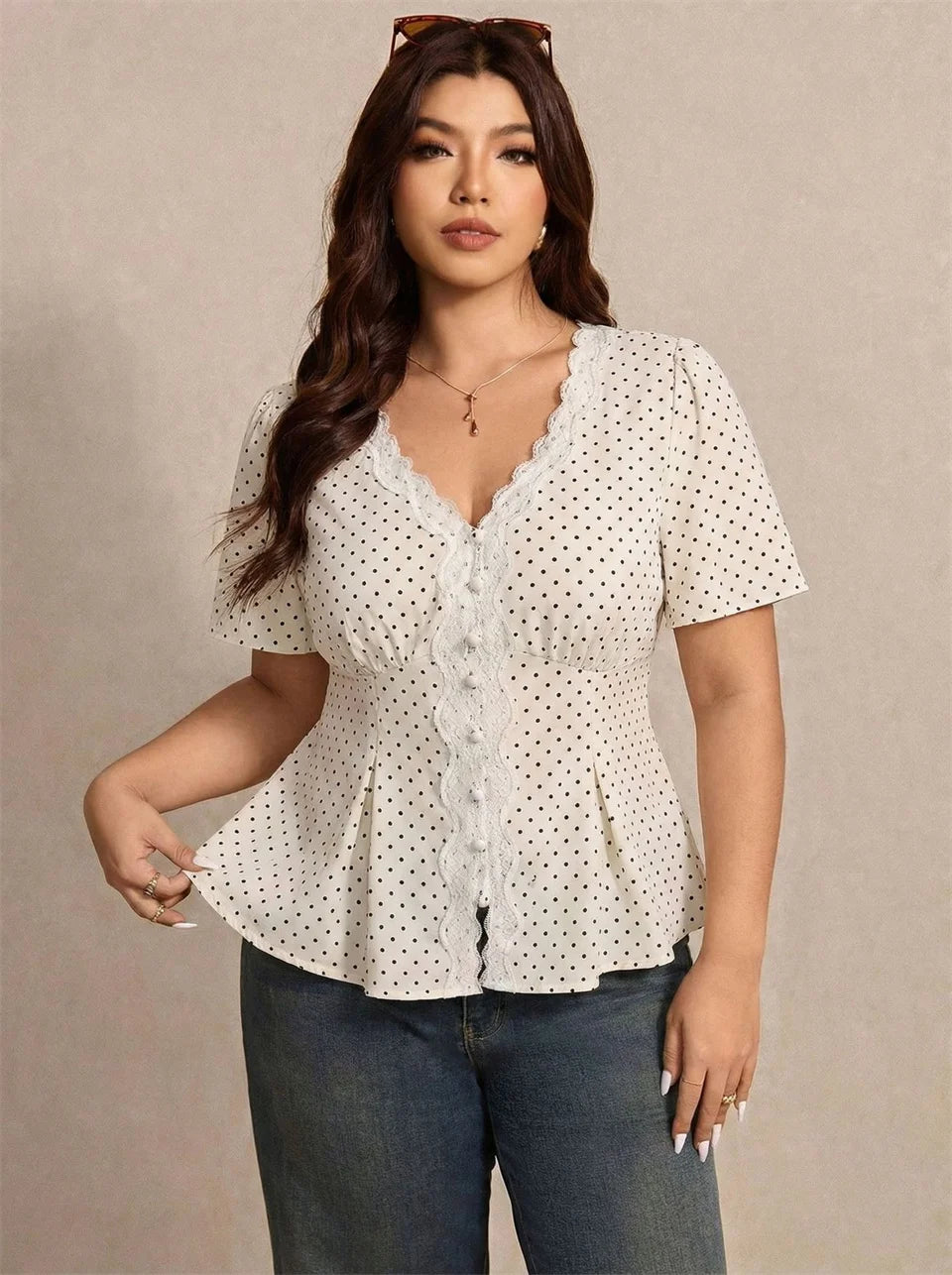Polka-Dot Lace-Trim Peplum Blouse