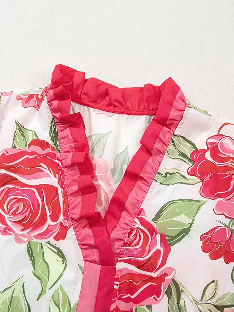 Rose-Print Ruffle-Trim Blouse