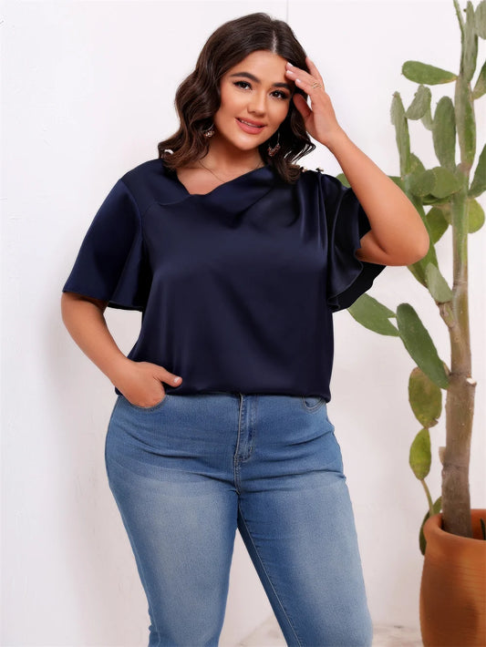 Draped-Neck Flutter-Sleeve Blouse