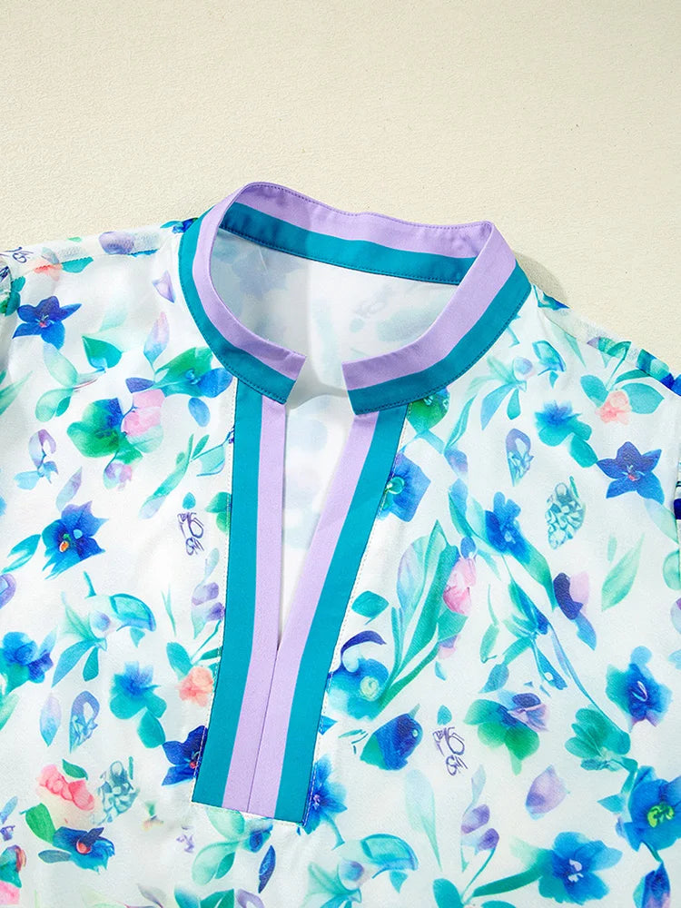 Watercolor-Floral Contrast-Trim Blouse