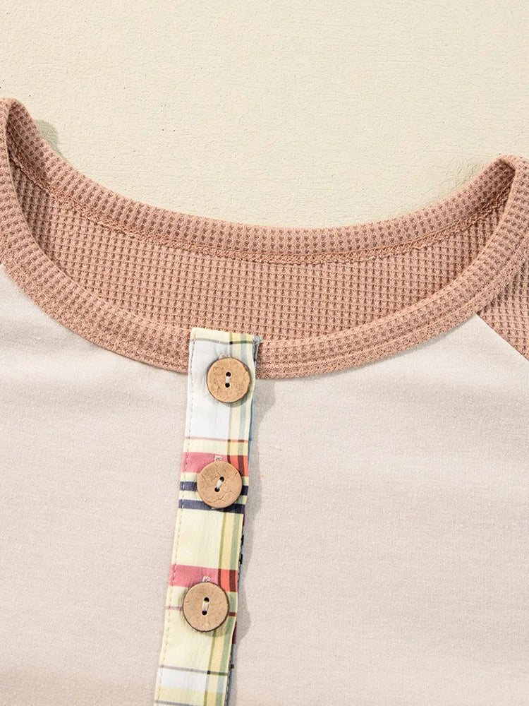 Plaid-Sleeve Colorblock Button Top
