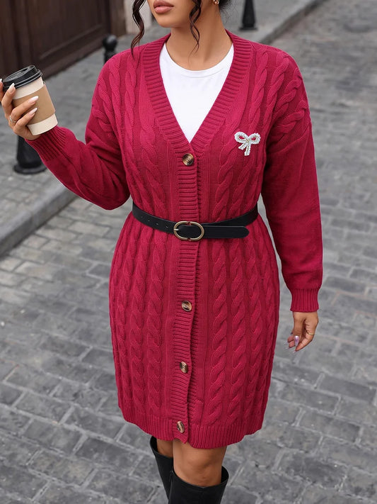 Cable-Knit Button-Front Longline Cardigan